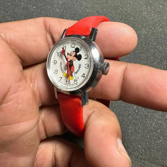 Vintage Disney Mickey Mouse Watch Mechanical Wind Up Plastic Red Band  Working - Picture 2 of 9